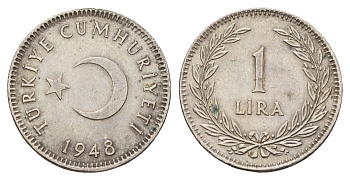 Турция 1 лира 1948 KM 883 серебро 1522-225