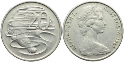 Австралия 20 центов 1967 Елизавета II (1952-2022), утконос KM 66 медно-никель 4394-523