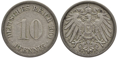 Германия 10 пфеннигов 1901 F KM 12, Jager 13, Weege 8 медно-никель 219-342