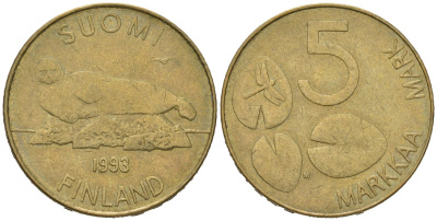 Финляндия 5 марок 1993 M KM 73 алюминиевая бронза 92-116