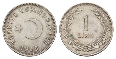 Турция 1 лира 1948 KM 883 серебро 1522-225