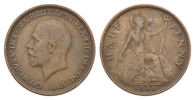 Великобритания 1/2 пенни 1936 Георг V (1910-1936) KM 837, Spink 4058 бронза 4699-416