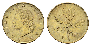 Италия 20 лир 1991 R, дубовые листья KM 97 алюминиевая бронза 4685-145