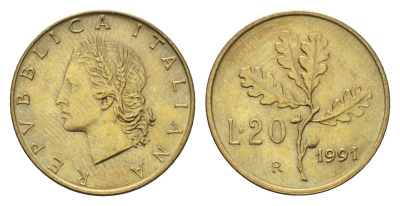 Италия 20 лир 1991 R, дубовые листья KM 97 алюминиевая бронза 4685-145