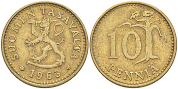 ФИНЛЯНДИЯ 10 ПЕННИ 1963 S KM 46 алюминиевая бронза 4541-614
