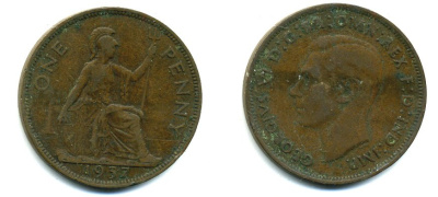 Великобритания 1 пенни 1937 Георг VI (1936-1952) KM 845, Spink 4114 бронза 37-126