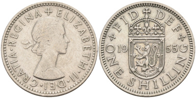 Великобритания 1 шиллинг 1955 Елизавета II (1952-2022), Шотландский герб KM 905, Spink 4148 медно-никель 4591-646