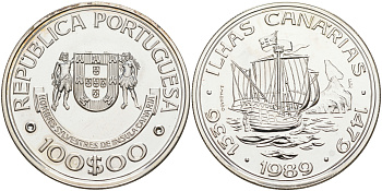 Португалия 100 эскудо 1989 серия золотой век португальских открытий, открытие Канарских островов KM 646а серебро UNC 1074-4-23