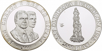 Испания 2000 песет 1990 XXV летние Олимпийские игры 1992 года в Барселоне, гимнастическая пирамида KM 863 серебро PROOF 04-093-13