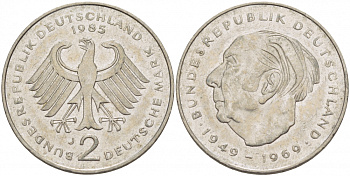 ФРГ 2 МАРКИ 1985 J, ТЕОДОР ХОЙС KM 127, J. 407 медно-никель плакированный никелем 3718-942