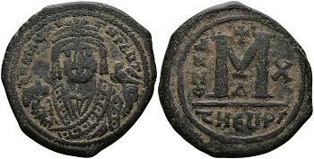Византийская Империя фоллис 592 Маврикий Тиберий Антиохия good very fine Sear 533 бронза 1073-7-21