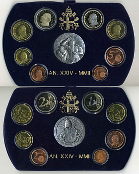 Ватикан евронабор из 8 монет + серебряная медаль 2002 Иоанн Павел II, очень редкий KM PS 15 биметалл PROOF 4-3-5-01-1