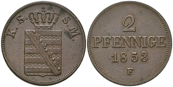 Саксония 2 пфеннига 1853 F, Фридрих Август III (1836-1854) KM 1157 медь aUNC 4584-1011