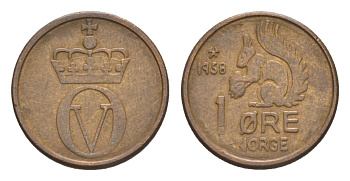 Норвегия 1 эре 1958 Улаф V (1957-1991) KM 403 бронза 4632-1069