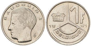 Бельгия 1 франк 1991 Belgique, Бодуэн I (1951-1993) KM 170 нержавеющая сталь aUNC 4618-459