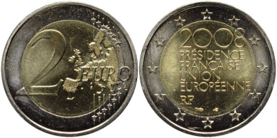 Франция 2 евро 2008 председательство в ЕС KM 1459 биметалл UNC 4112-322