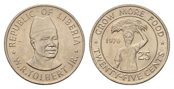 Либерия 25 центов 1976 ФАО - Выращивать больше еды KM 30 медно-никель UNC 4657-644