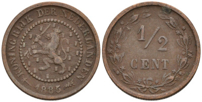 Нидерланды 1/2 цента 1885 Виллем III (1849-1890) KM 109 бронза 4576-266