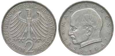 ФРГ 2 марки 1961 F, Макс Планк KM 116, J. 392 медно-никель плакированный никелем 4681-713