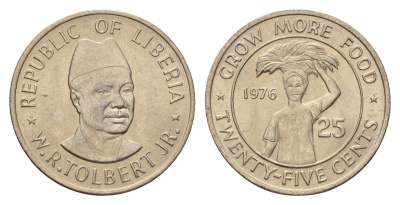 Либерия 25 центов 1976 ФАО - Выращивать больше еды KM 30 медно-никель UNC 4657-644