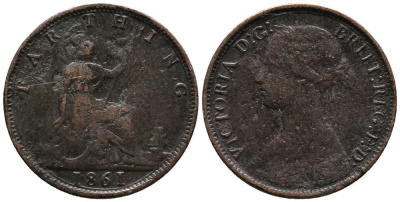 Великобритания 1 фартинг 1861 Виктория (1837-1901) KM 747.2, Spink 3958 бронза 1518-1045