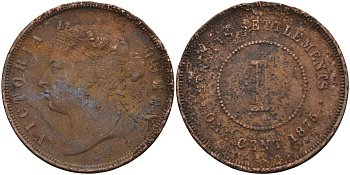 Стрейтс-Сетлментс 1 цент 1875 Виктория (1837-1901), Ост-Индская компания KM 9 медь 4590-413