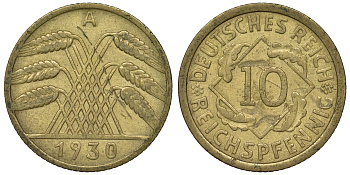 Германия 10 рейхспфеннигов 1930 A KM 40, J. 317 алюминиевая бронза 4121-925