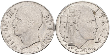ИТАЛИЯ 20 ЧЕНТЕЗИМО 1941 R, ГОД XIX, ВИКТОР ЭММАНУИЛ III (1900-1946) KM 75b, VEM3. 1028 нержавеющая сталь 3853-1045