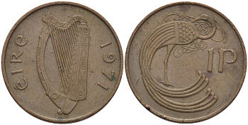ИРЛАНДИЯ 1 ПЕННИ 1971 ПТИЧКА KM 20 бронза 261-1356