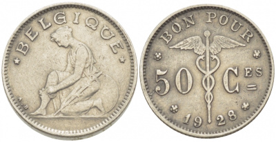 БЕЛЬГИЯ 50 САНТИМОВ 1928 BELGIQUE KM 87 никель 261-1621