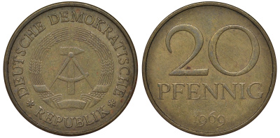 ГДР 20 пфеннигов 1969 А, первый год KM 11 латунь 62-1215
