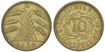 Германия 10 рейхспфеннигов 1930 A KM 40, J. 317 алюминиевая бронза 4121-925