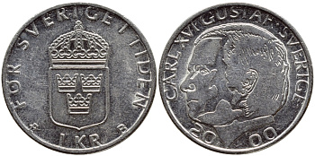 Швеция 1 крона 2000 Карл XVI Густав (1973- ) KM 852а медно-никель 60-1345