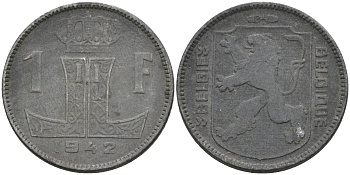 Бельгия 1 франк 1942 BELGIQUE-BELGIE, первый год, немецкая оккупация KM 128 цинк 4592-456