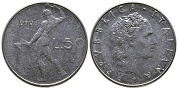 Италия 50 лир 1979 R, бог огня Вулкан у наковальни KM 95.1 нержавеющая сталь    4606-137