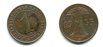ГЕРМАНИЯ 1 РЕЙХСПФЕННИГ 1935 F J 313, KM 37 бронза 46-1126