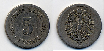 ГЕРМАНИЯ 5 ПФЕННИГОВ 1874 A, СТАРОГЕРБОВКА KM 3, J. 3 медно-никель 35-311