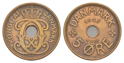 Дания 5 эре 1927 HCN, Кристиан X (1912-1947) KM 828 бронза 4657-227