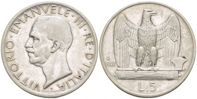 Италия 5 лир 1927 R, Виктор Эммануил III (1900-1946) KM 67.1 серебро 4548-831
