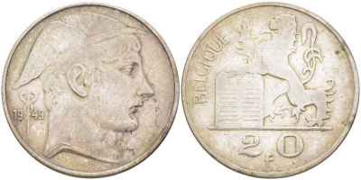 Бельгия 20 франков 1949 Леопольд III (1934-1950), BELGIQUE KM 140.1 серебро 4512-1045