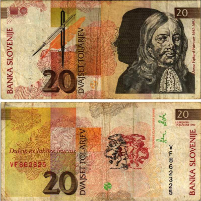 Словения 20 толаров 1992 Янез Вайкард Вальвазор Pick 12 a бумага 8605-45-4-2