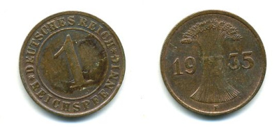 ГЕРМАНИЯ 1 РЕЙХСПФЕННИГ 1935 F J 313, KM 37 бронза 46-1126