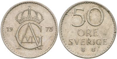 Швеция 50 эре 1973 U, Густав VI Адольф (1950-1973) KM 837 медно-никель 4364-3645