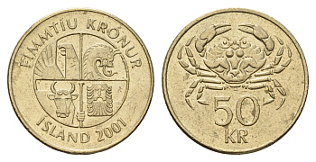 Исландия 50 крон 2001 краб KM 31 никель латунь 4691-225
