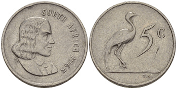 ЮАР 5 ЦЕНТОВ 1965 SOUTH, ЯН ВАН РИБЕК (1619-1677), ГОЛАНДСКИЙ ИССЛЕДОВАТЕЛЬ , МОРЕПЛАВАТЕЛЬ, ОСНОВАТЕЛЬ Г. КЕЙПТАУНА, РАЙСКИЙ ЖУРАВЛЬ, АНГЛИЙСКАЯ ЛЕГЕНДА KM 67.1 никель 66-266