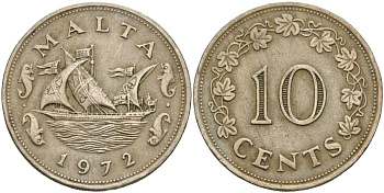 Мальта 10 центов 1972 баржа Великого магистра KM 11 медно-никель 4137-841
