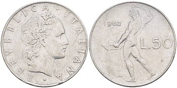 ИТАЛИЯ 50 ЛИР 1962 R, БОГ ОГНЯ ВУЛКАН У НАКОВАЛЬНИ KM 95.1 нержавеющая сталь 4551-342