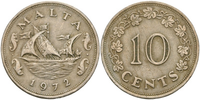 Мальта 10 центов 1972 баржа Великого магистра KM 11 медно-никель 4137-841