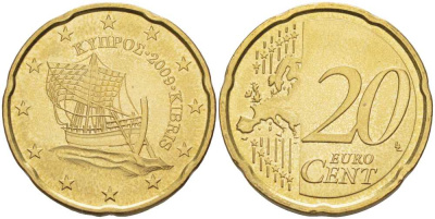 КИПР 20 ЕВРОЦЕНТОВ 2009 ПАРУСНИК KM 82 латунь UNC 28-513