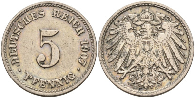 Германия 5 пфеннигов 1907 A KM 11, J. 12 медно-никель 4151-458